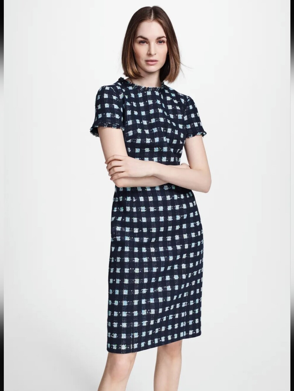 Brooks Brothers Navy & Light Blue Check Tweed  Short-Sleeve Sheath Dress NWT  2